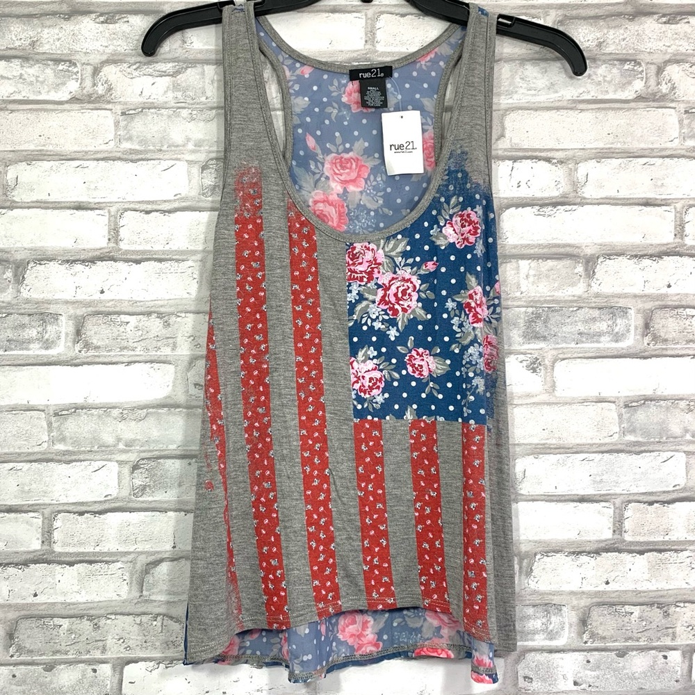 Rue21 Women’s Gray Red Blue Floral Stripe Tank Top - NWT